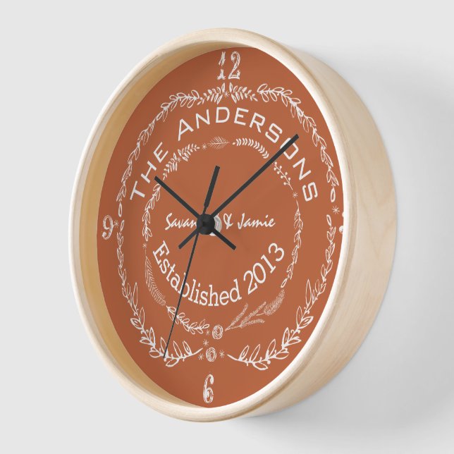 Personalised Old Rustic Floral Garland Swirl Wall Clock (Angle)