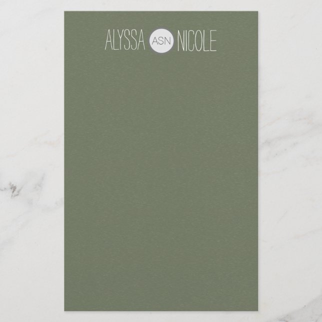 Personalised Olive Army Green Name Monogram Stationery (Front)