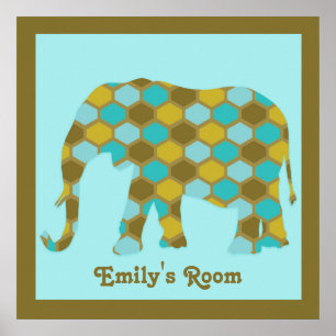 Personalised Olive Green Blue Gold Elephant Poster