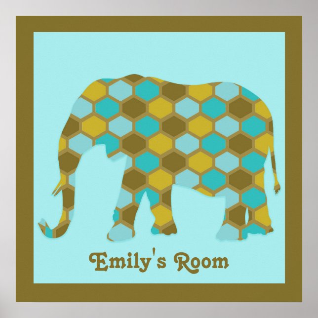Personalised Olive Green Blue Gold Elephant Poster (Front)