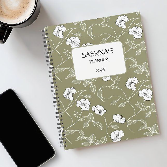Personalised Olive Green Floral Minimalist Undated Planner (Personalized Floral White Name Olive Green Minimalist Undated Planner)