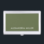 Personalised Olive Green Minimalist Business Card Holder<br><div class="desc">Keep your business cards organised and stylish with this personalised olive green minimalist business card case. The case features a name in modern white sans serif font on a beautiful olive green background. Perfect for professionals who want to make a great first impression.</div>