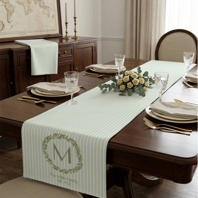 Personalised Olive Wreath Monogram & Family Name  Short Table Runner (Creator Uploaded)