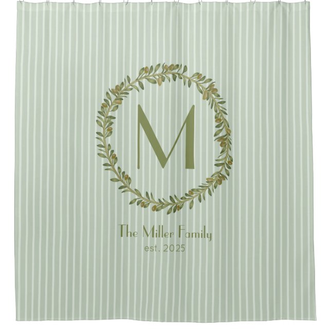 Personalised Olive Wreath Monogram  Shower Curtain (Front)