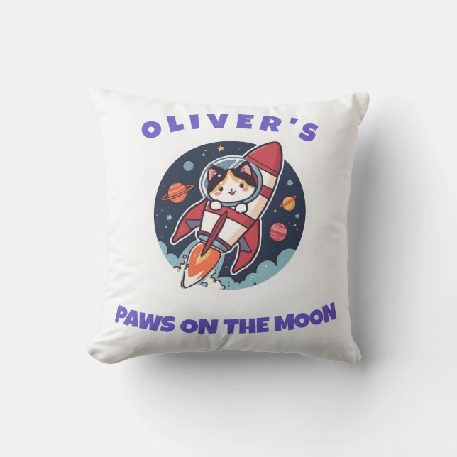 Personalised Oliver's Rocket Cat Throw Pillow (Front)