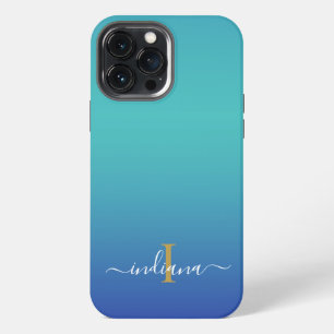 Personalised Ombre Monogram Blue Turquoise Script iPhone 13 Pro Max Case