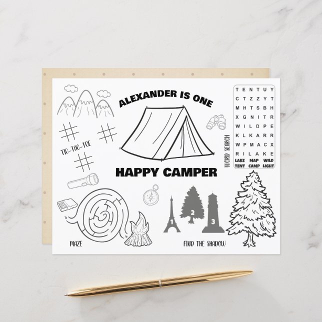 Personalised One Happy Camper Colouring Placemat (Front/Back In Situ)