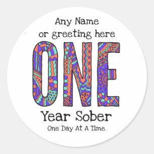 Personalised One year sober AA Anniversary Card Classic Round Sticker