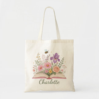 Personalised Open Book Blooming Flower Garden Tote Bag