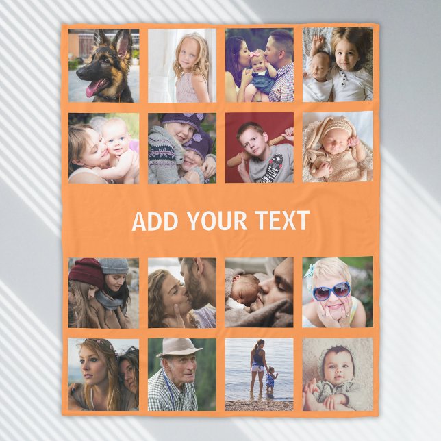 Personalised Orange 16 Photo Collage Fleece Blanket (Creator Uploaded)