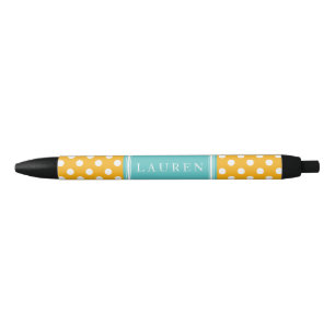 Personalised Orange and Aqua Polka Dots Pattern Black Ink Pen