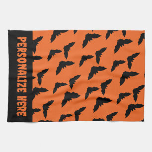 Personalised Orange and Black Bats Halloween Tea Towel