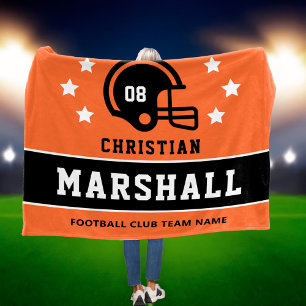 Personalised Orange and Black Football Player Name Fleece Blanket