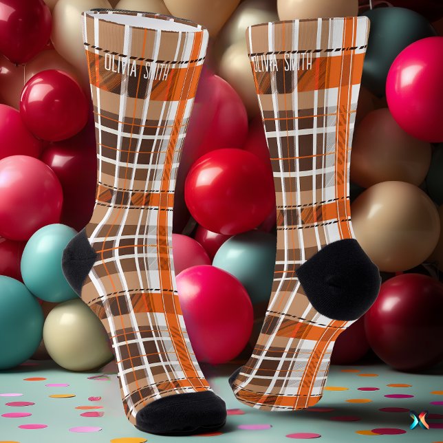 Personalised Orange and Brown Tartan Plaid Custom Socks (Creator Uploaded)