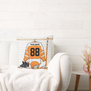 Personalised Orange and White Ice Hockey Jersey Cushion