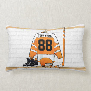 Personalised Orange and White Ice Hockey Jersey Lumbar Cushion