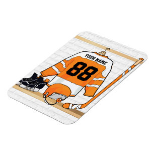Personalised Orange and White Ice Hockey Jersey Magnet