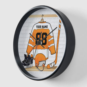 Personalised Orange and White Ice Hockey Jersey Wall Clock