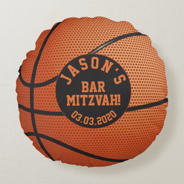 Personalised Orange Black Basketball Bar Mitzvah Round Cushion (Front)