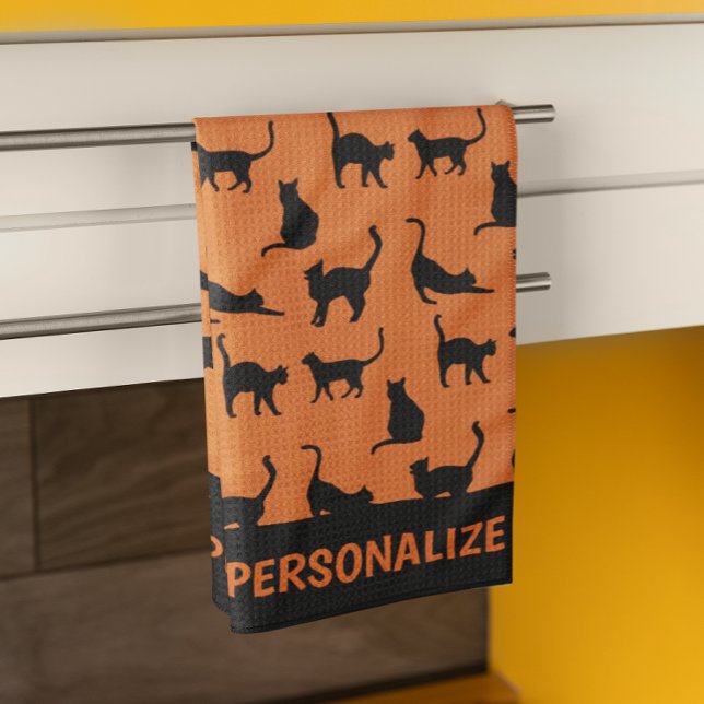 Personalised Orange Black Cat  Tea Towel (Personalize it!)