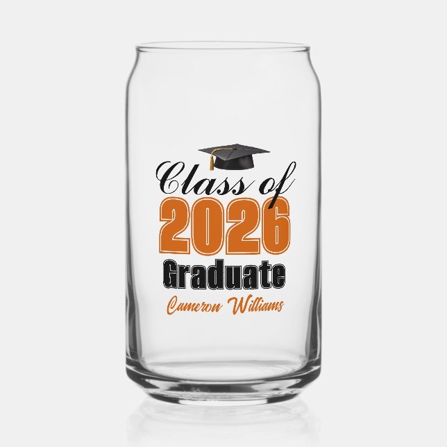 Personalised Orange Black Class of 2026 Graduation Can Glass (Front)