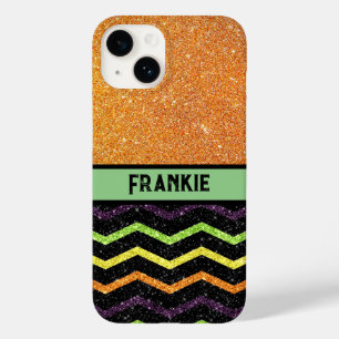 Personalised Orange & Black Glitter Zig Zag Case-Mate iPhone 14 Case