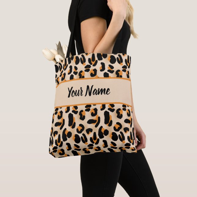Personalised Orange & Black Leopard Print Tote Bag (Close Up)