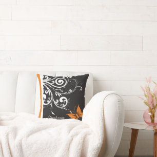 Personalised Orange Black White Butterfly Flourish Cushion