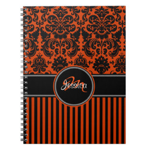 Personalised Orange Black White Striped Damask Spiral Notebook