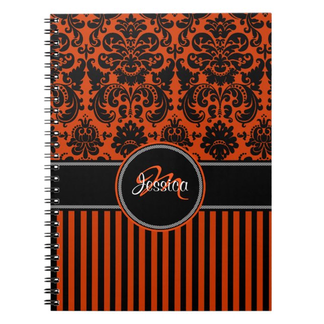 Personalised Orange Black White Striped Damask Spiral Notebook (Front)