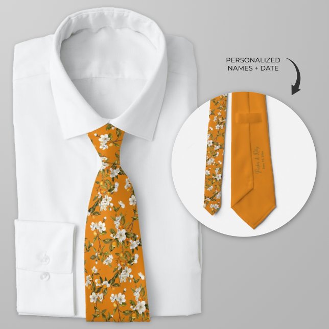 Personalised Orange Blossom Floral Watercolor Tie (Personalized Orange Blossom groomsmen wedding neckties)