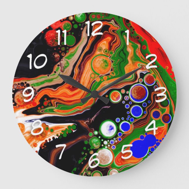 Personalised Orange, Blue, Green, Black Fluid Art  Large Clock (Front)