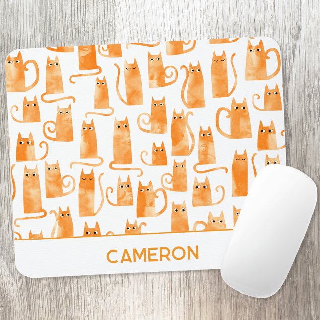 Personalised Orange Cat Mouse Pad (Personalized custom name watercolor orange ginger cat mouse mat)