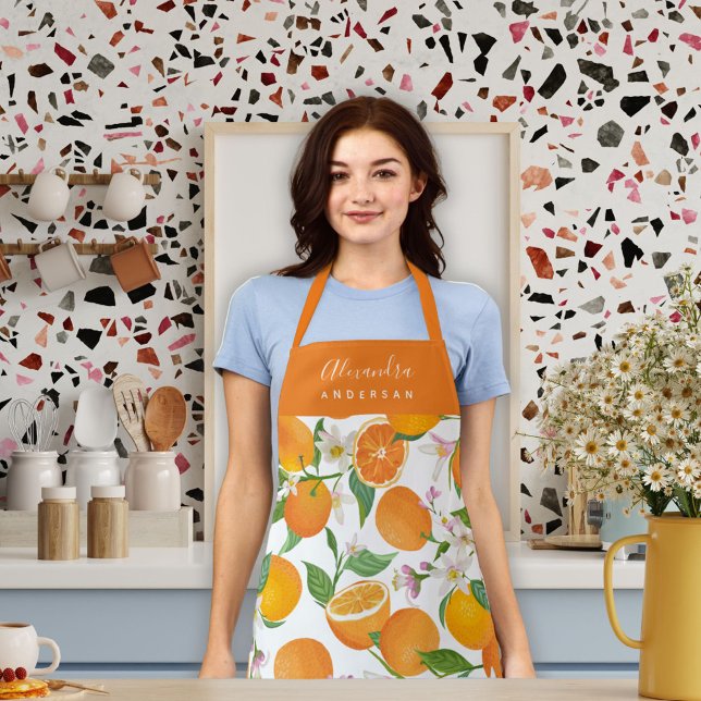 Personalised Orange Citrus Pattern Apron (Orange Citrus Watercolor Script Name Stylish Chef Apron)