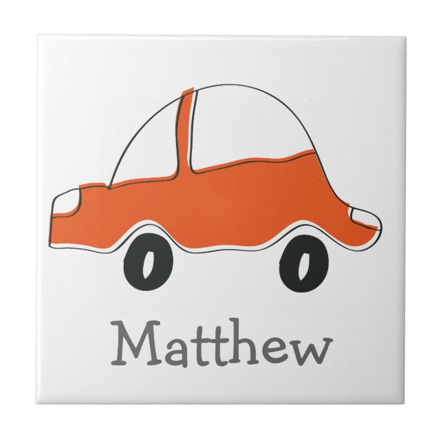 Personalised orange doodle car baby shower, kids tile (Front)