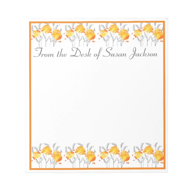 Personalised Orange Floral From the Desk Notepad (Front)