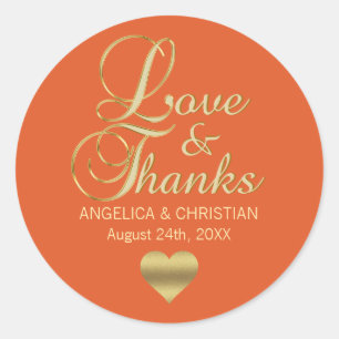 Personalised ORANGE Gold LOVE & THANKS Wedding Classic Round Sticker