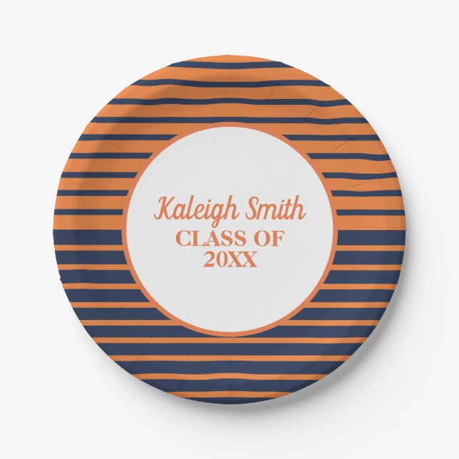 Personalised Orange Navy Blue Striped Graduation Paper Plate (Front)