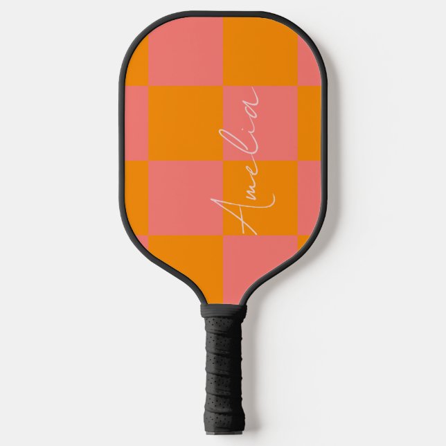 Personalised Orange pink Check Pickleball Paddle (Front)