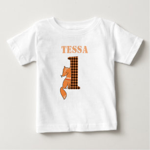 Personalised Orange Plaid Fox First Birthday Baby Baby T-Shirt