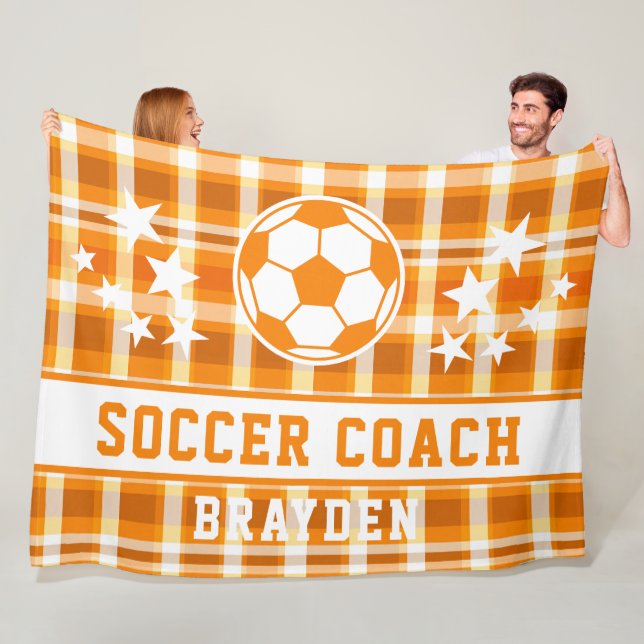 Personalised Orange Plaid Soccer Coach Name Fleece Blanket (In Situ)