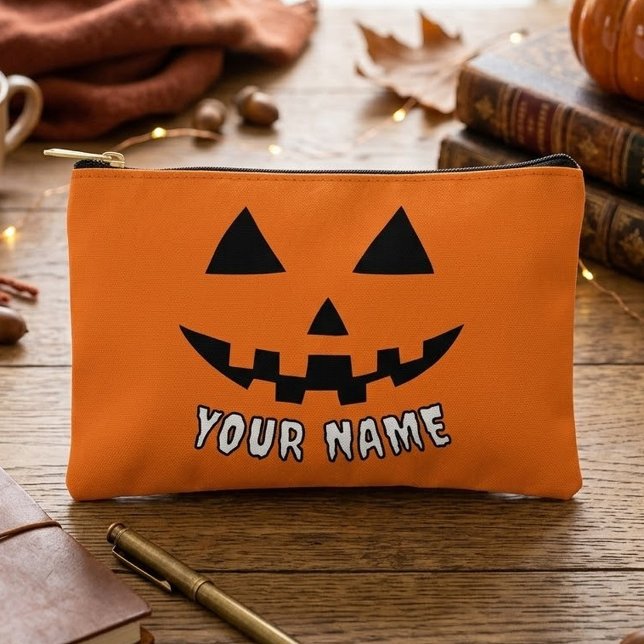 Personalised Orange Pumpkin Halloween Your Name Accessory Pouch (Creator Uploaded)