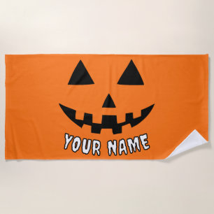 Personalised Orange Pumpkin Halloween Your Name Beach Towel
