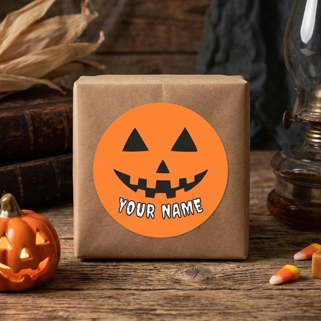 Personalised Orange Pumpkin Halloween Your Name Classic Round Sticker (Creator Uploaded)