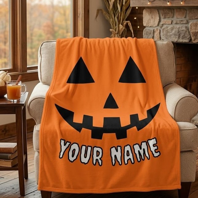 Personalised Orange Pumpkin Halloween Your Name Fleece Blanket (Creator Uploaded)