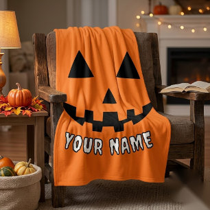 Personalised Orange Pumpkin Halloween Your Name Fleece Blanket