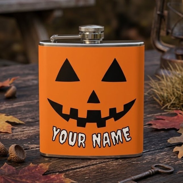 Personalised Orange Pumpkin Halloween Your Name Hip Flask (Creator Uploaded)