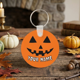 Personalised Orange Pumpkin Halloween Your Name Key Ring