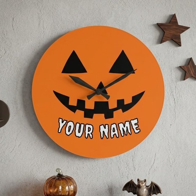 Personalised Orange Pumpkin Halloween Your Name Large Clock (Creator Uploaded)