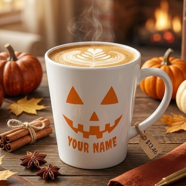 Personalised Orange Pumpkin Halloween Your Name Latte Mug (Creator Uploaded)